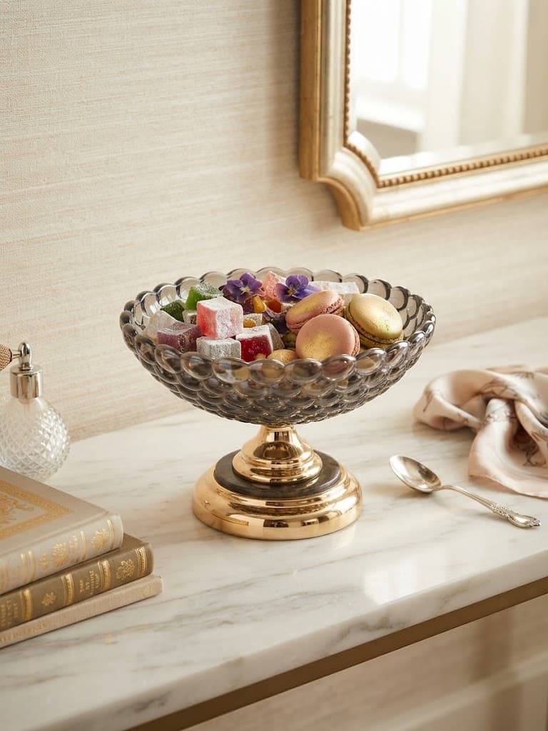 K&S Elegant Gold and Smoke-Tinted Hobnail Glass Footed Pedestal Bow