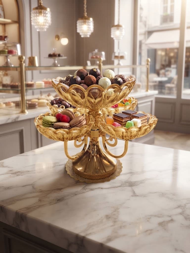 K&S Elegant Gold and Amber Glass Multi-Bowl Branching Pedestal Dessert Stand
